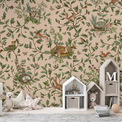 Playful Woods – Beige wallpaper mural in a house shaped storage