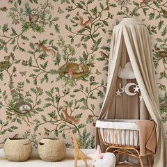 Playful Woods – Beige wallpaper mural in a nursery rattan cot canopy