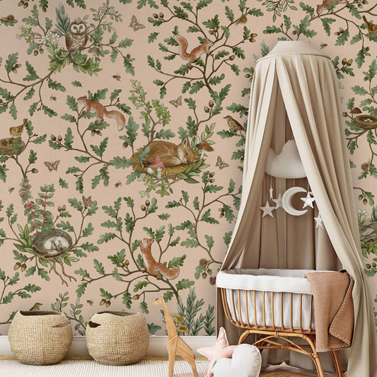 Playful Woods – Beige wallpaper mural in a nursery rattan cot canopy
