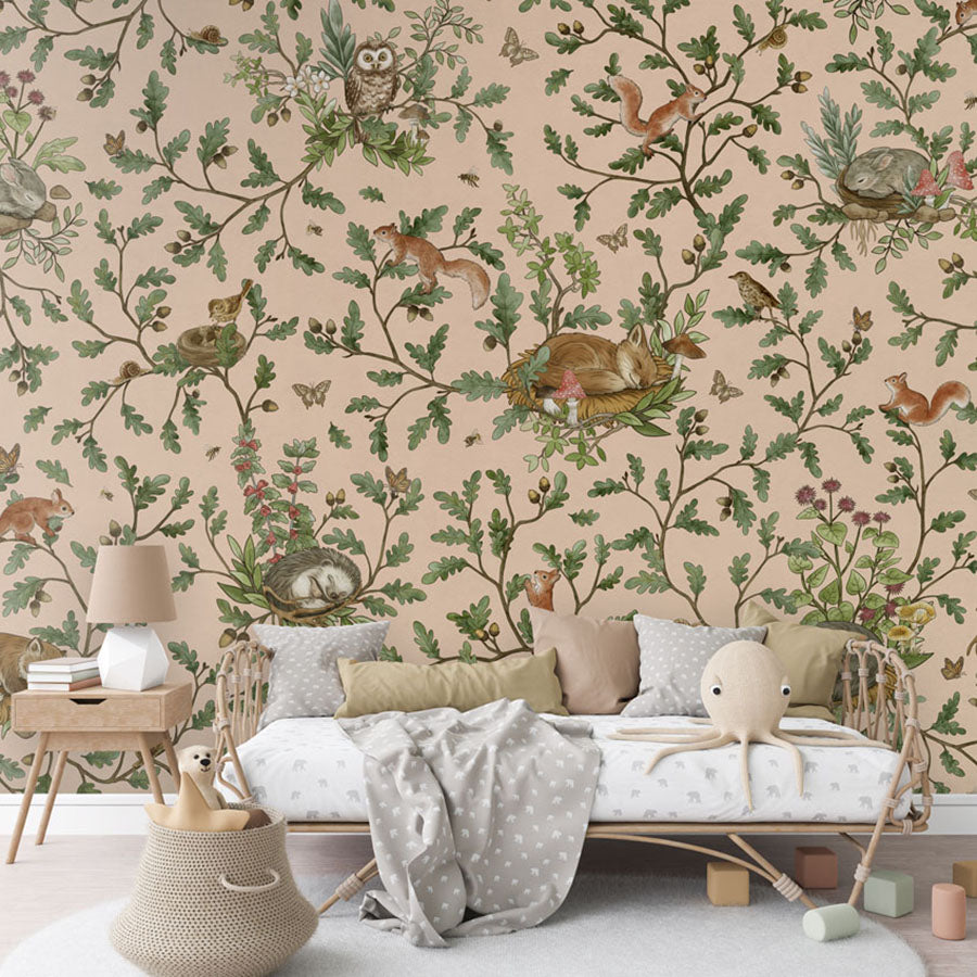 Playful Woods – Beige wallpaper mural in a rattan daybed