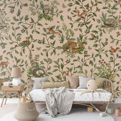 Playful Woods – Beige wallpaper mural in a rattan daybed