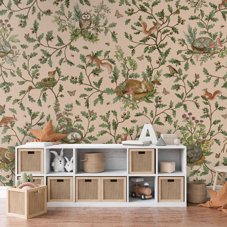 Playful Woods – Beige wallpaper mural in a toy storage