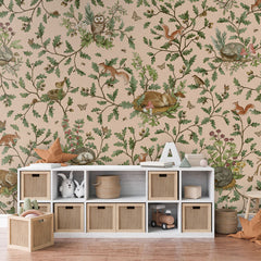 Playful Woods – Beige wallpaper mural in a toy storage