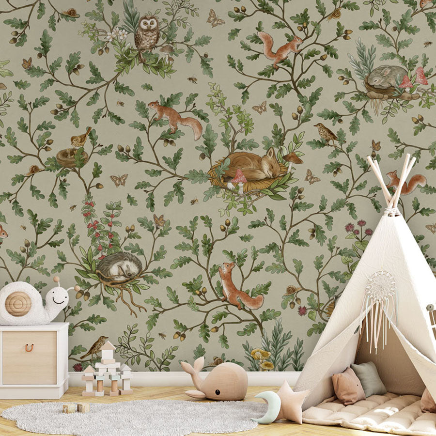 Playful Woods – Green wallpaper mural in a teepee