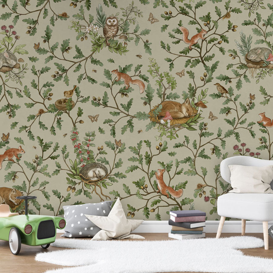 Playful Woods – Green wallpaper mural in a toy car