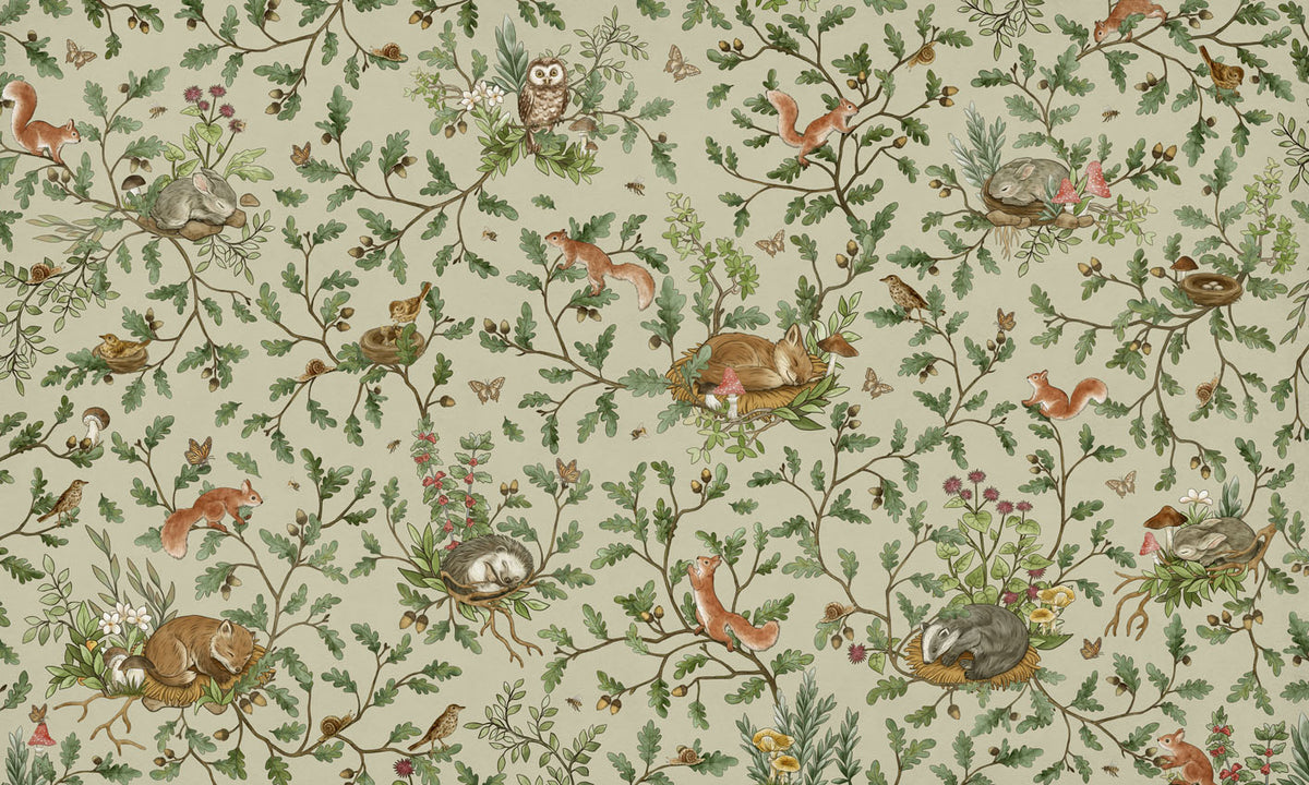 Playful Woods – Green wallpaper mural by Kikki Belle