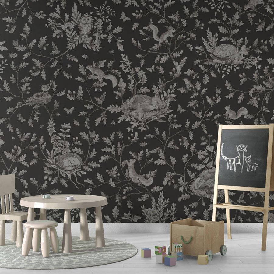 Playful Woods – Monochrome Black wallpaper mural in a chalkboard