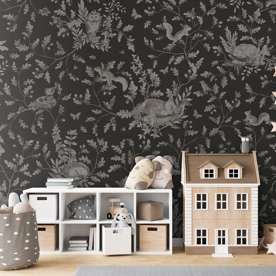 Playful Woods – Monochrome Black wallpaper mural in a dolls house