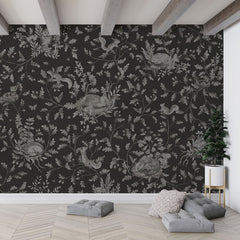 Playful Woods – Monochrome Black wallpaper mural in a hanging chair floor cushions