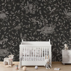 Playful Woods – Monochrome Black wallpaper mural in a nursery crib