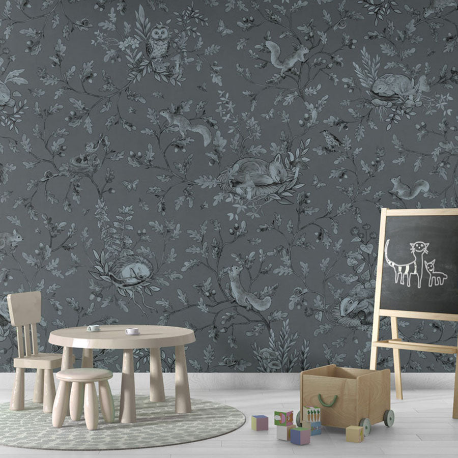 Playful Woods – Monochrome Blue wallpaper mural in a chalkboard