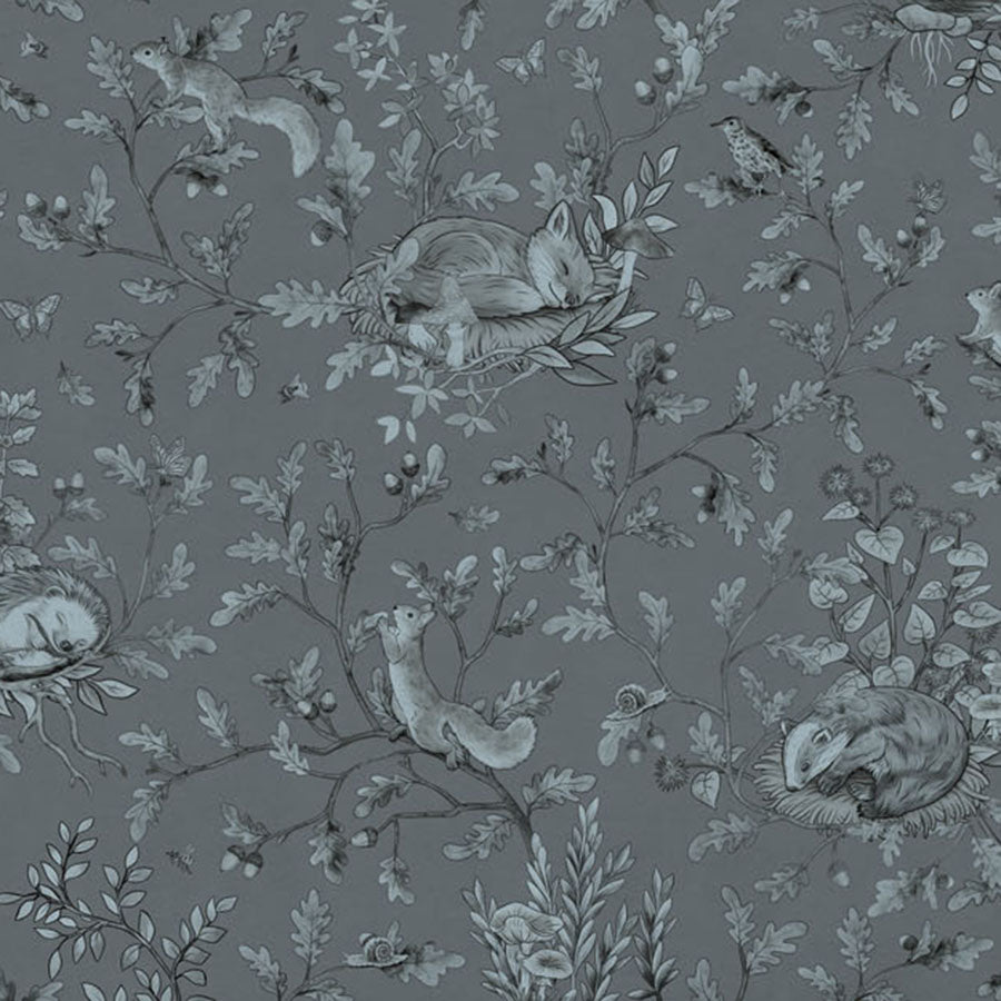 Close-up of the Playful Woods – Monochrome Blue wallpaper mural