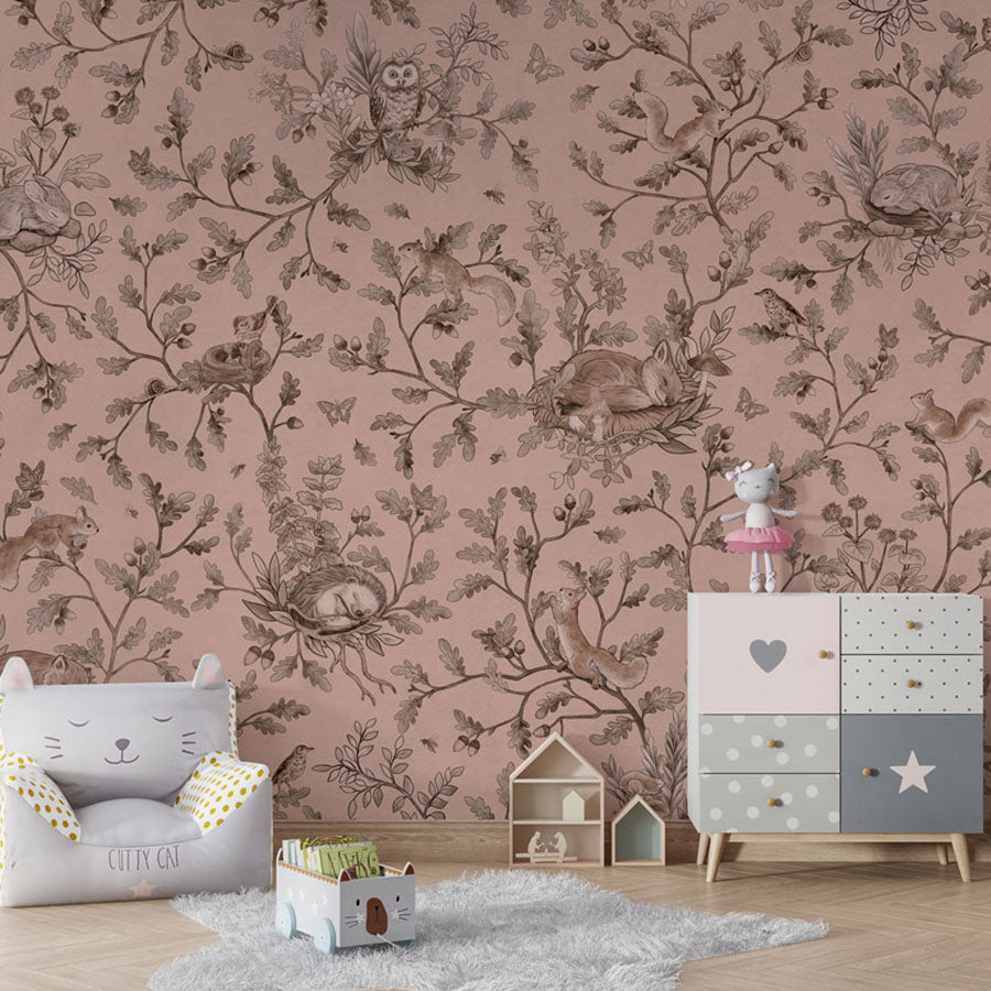 Playful Woods – Monochrome Pink wallpaper mural in a armchair storage