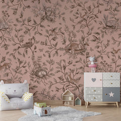 Playful Woods – Monochrome Pink wallpaper mural in a armchair storage