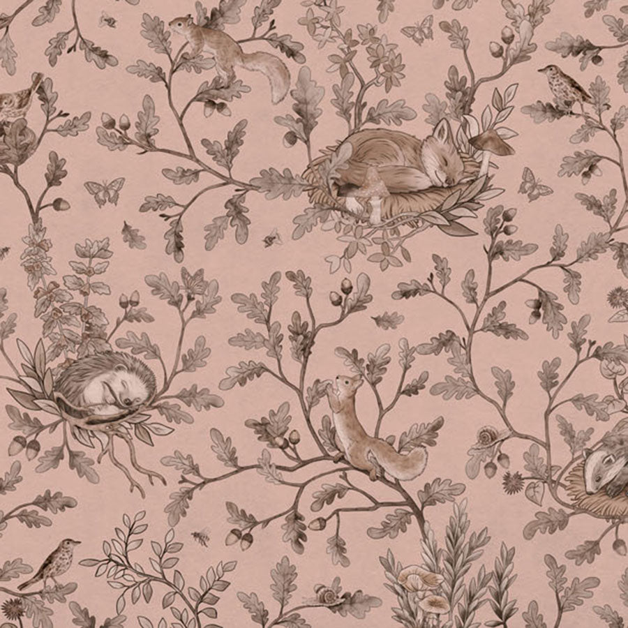 Close-up of the Playful Woods – Monochrome Pink wallpaper mural