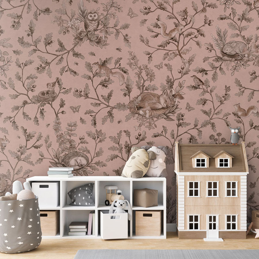 Playful Woods – Monochrome Pink wallpaper mural in a dolls house
