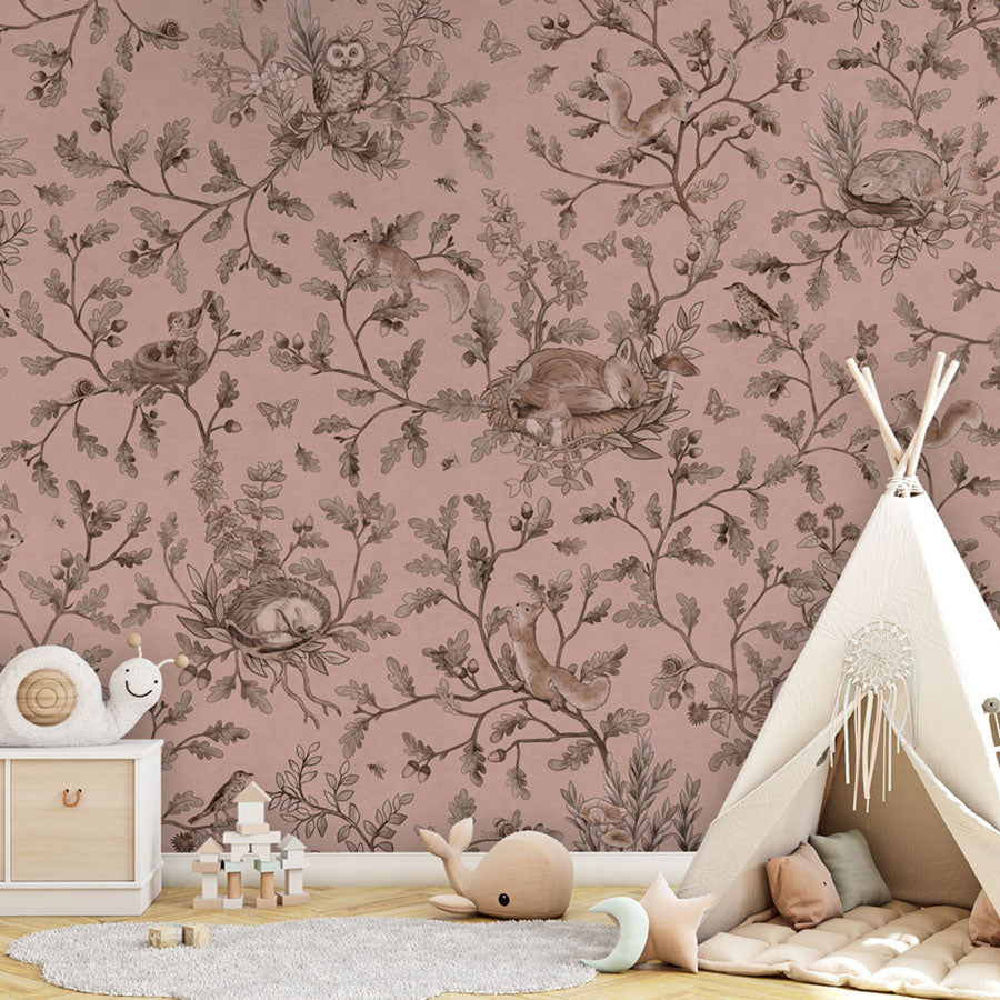 Playful Woods – Monochrome Pink wallpaper mural in a teepee