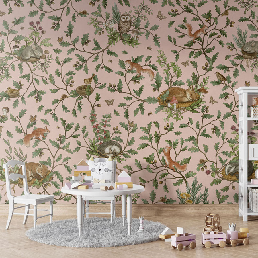 Playful Woods – Pink wallpaper mural in a children’s playroom
