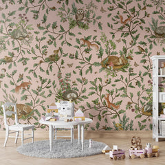 Playful Woods – Pink wallpaper mural in a children’s playroom