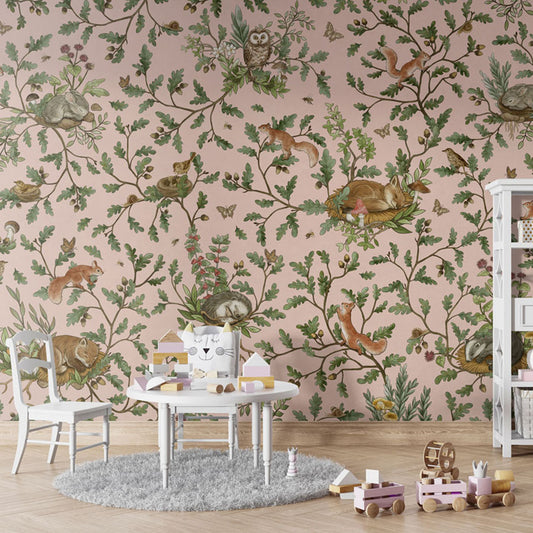 Playful Woods – Pink wallpaper mural in a children’s playroom