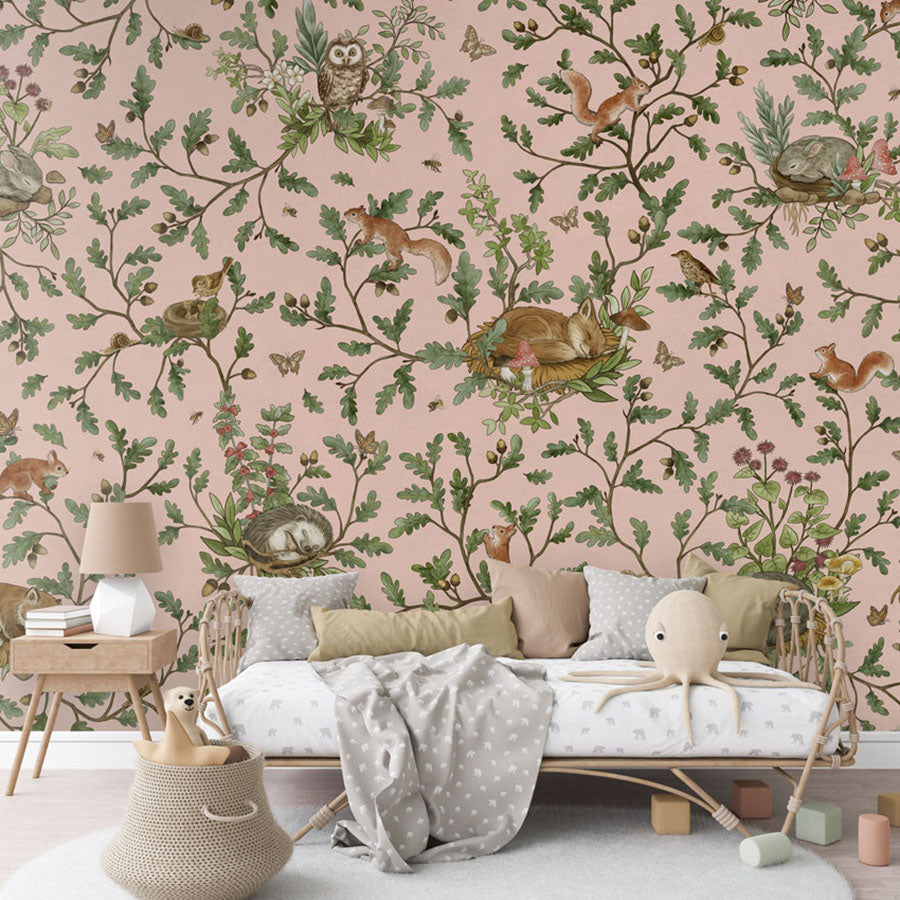 Playful Woods – Pink wallpaper mural in a rattan daybed