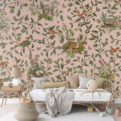 Playful Woods – Pink wallpaper mural in a rattan daybed