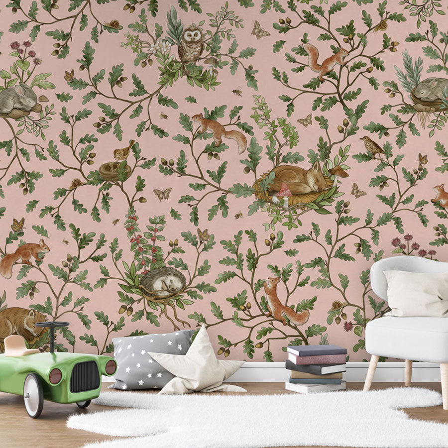 Playful Woods – Pink wallpaper mural in a toy car