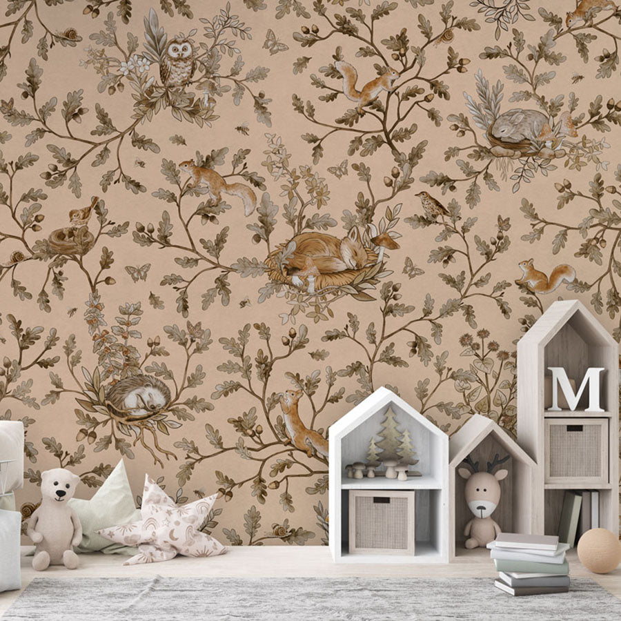 Playful Woods – Vintage Beige wallpaper mural in a house shaped storage