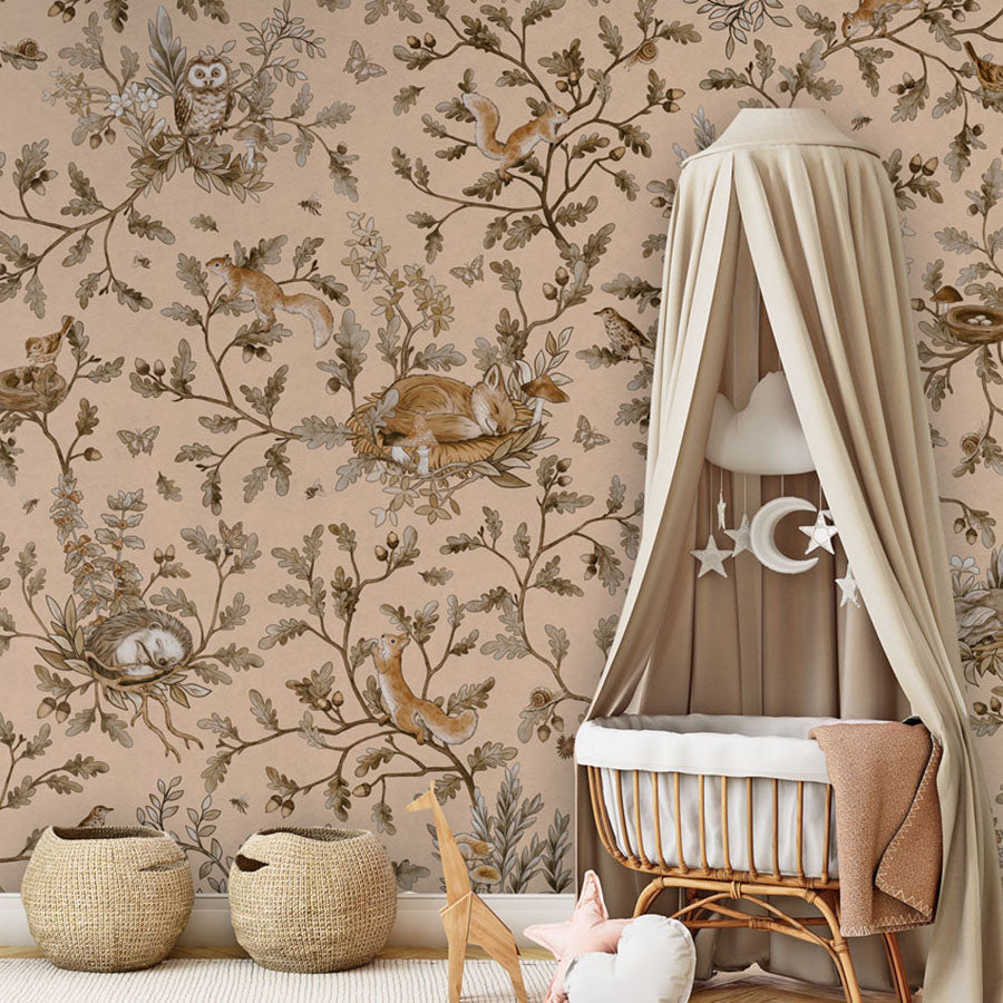 Playful Woods – Vintage Beige wallpaper mural in a nursery rattan cot canopy