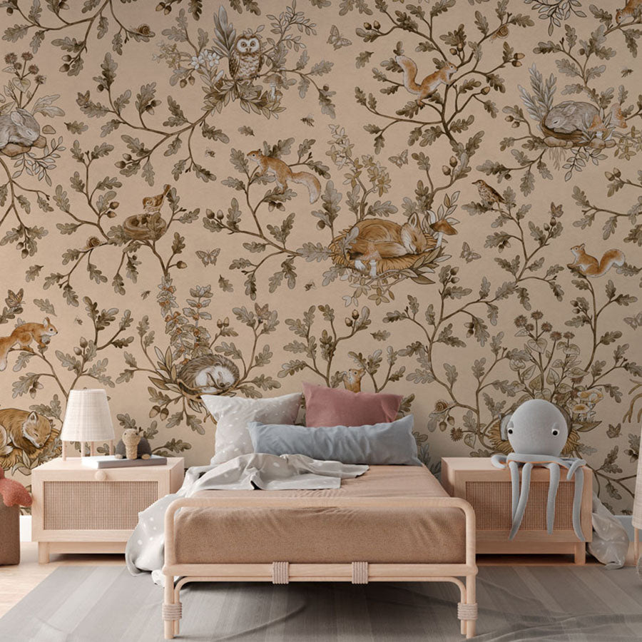 Playful Woods – Vintage Beige wallpaper mural in a rattan bed