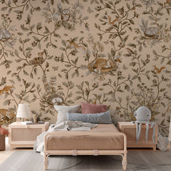 Playful Woods – Vintage Beige wallpaper mural in a rattan bed