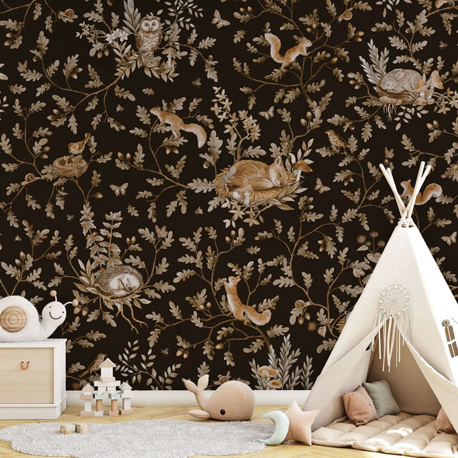 Playful Woods – Vintage Black wallpaper mural in a teepee
