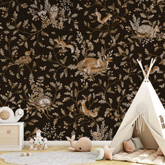 Playful Woods – Vintage Black wallpaper mural in a teepee