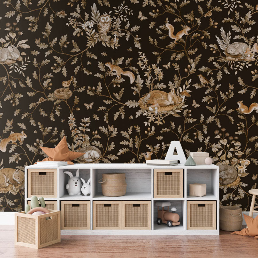 Playful Woods – Vintage Black wallpaper mural in a toy storage