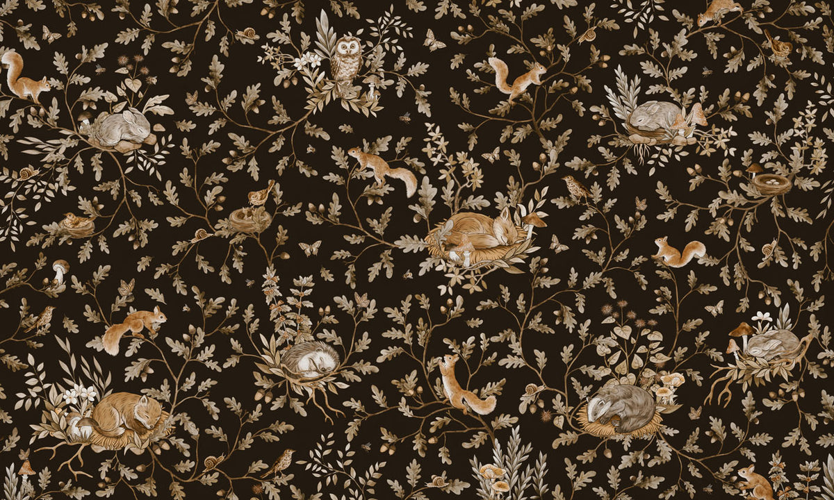 Playful Woods – Vintage Black wallpaper mural by Kikki Belle
