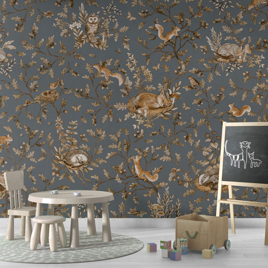 Playful Woods – Vintage Blue wallpaper mural in a chalkboard