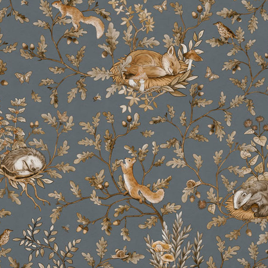 Close-up of the Playful Woods – Vintage Blue wallpaper mural