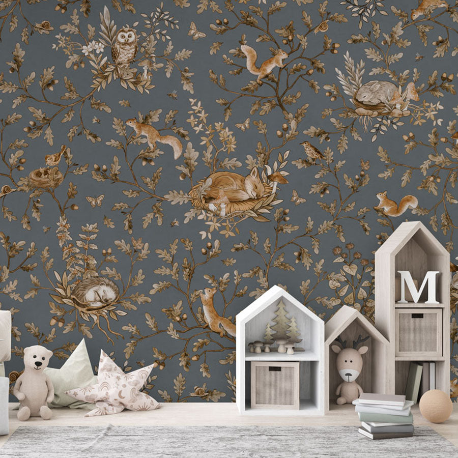 Playful Woods – Vintage Blue wallpaper mural in a house shaped storage