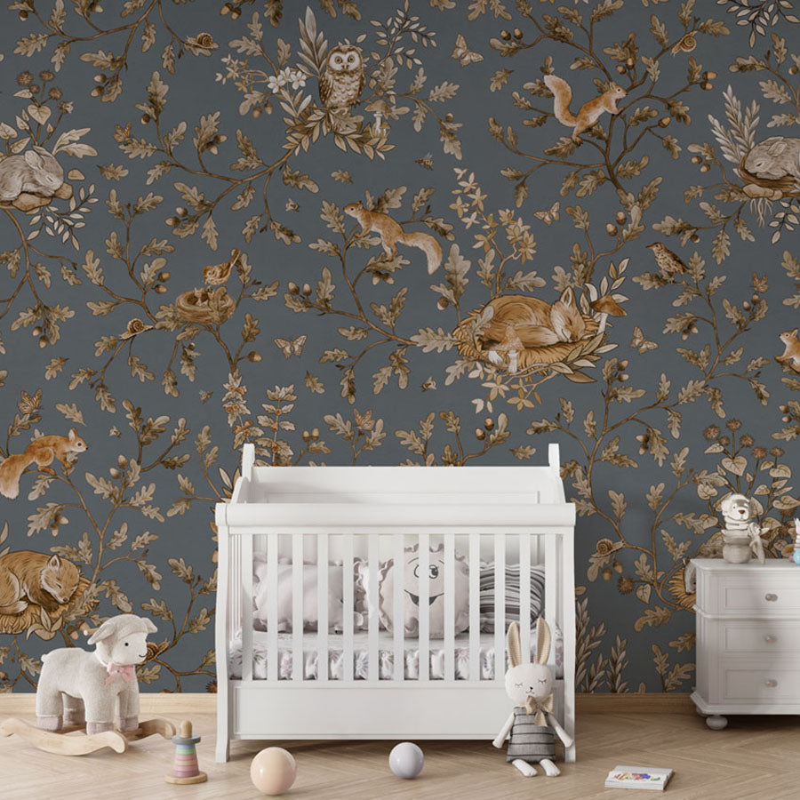 Playful Woods – Vintage Blue wallpaper mural in a nursery crib
