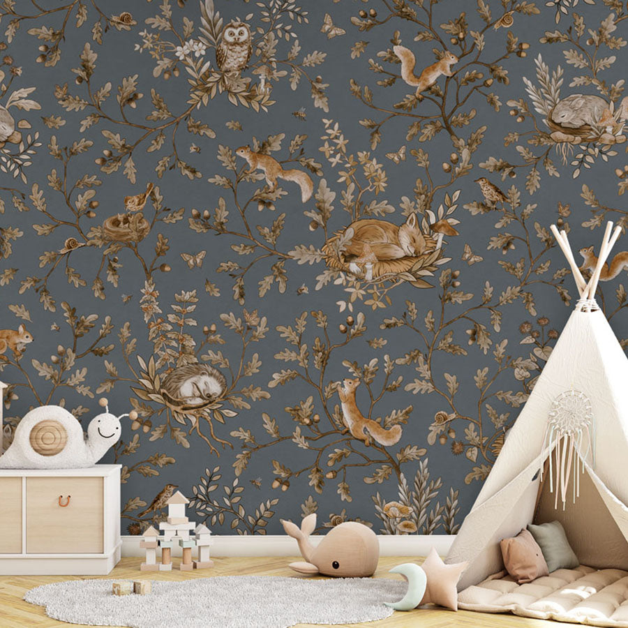 Playful Woods – Vintage Blue wallpaper mural in a teepee