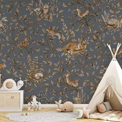 Playful Woods – Vintage Blue wallpaper mural in a teepee