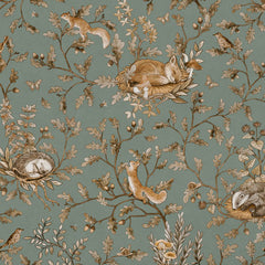 Close-up of the Playful Woods – Vintage Green wallpaper mural