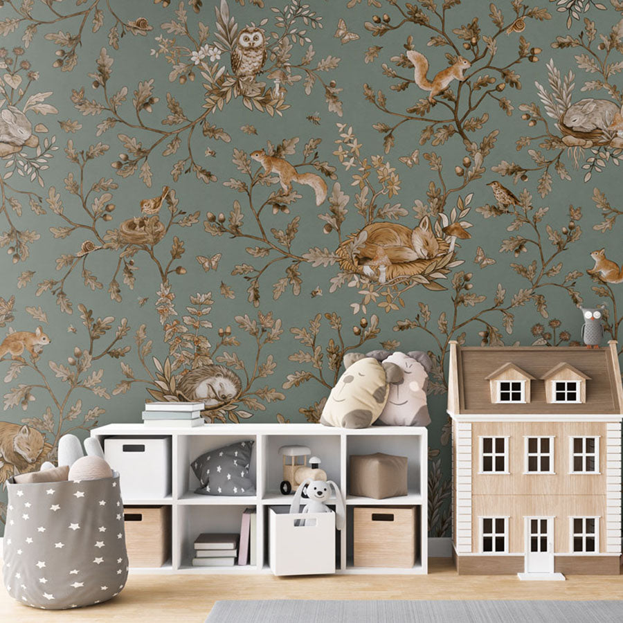 Playful Woods – Vintage Green wallpaper mural in a dolls house