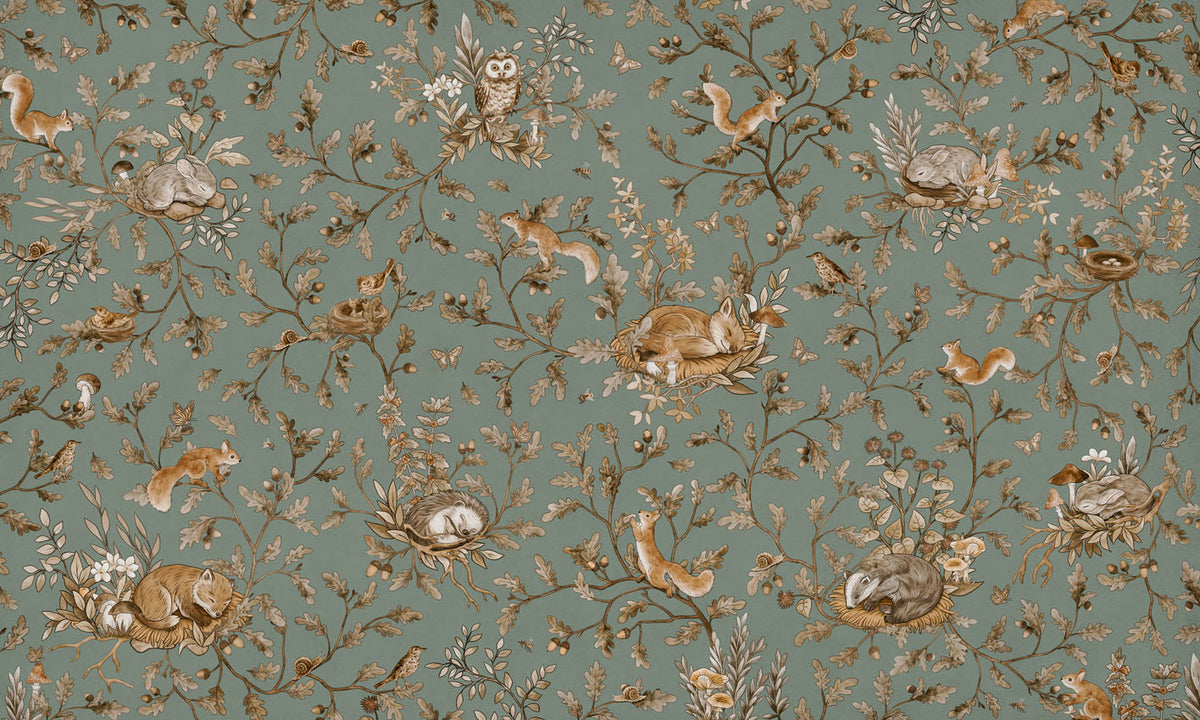 Playful Woods – Vintage Green wallpaper mural by Kikki Belle