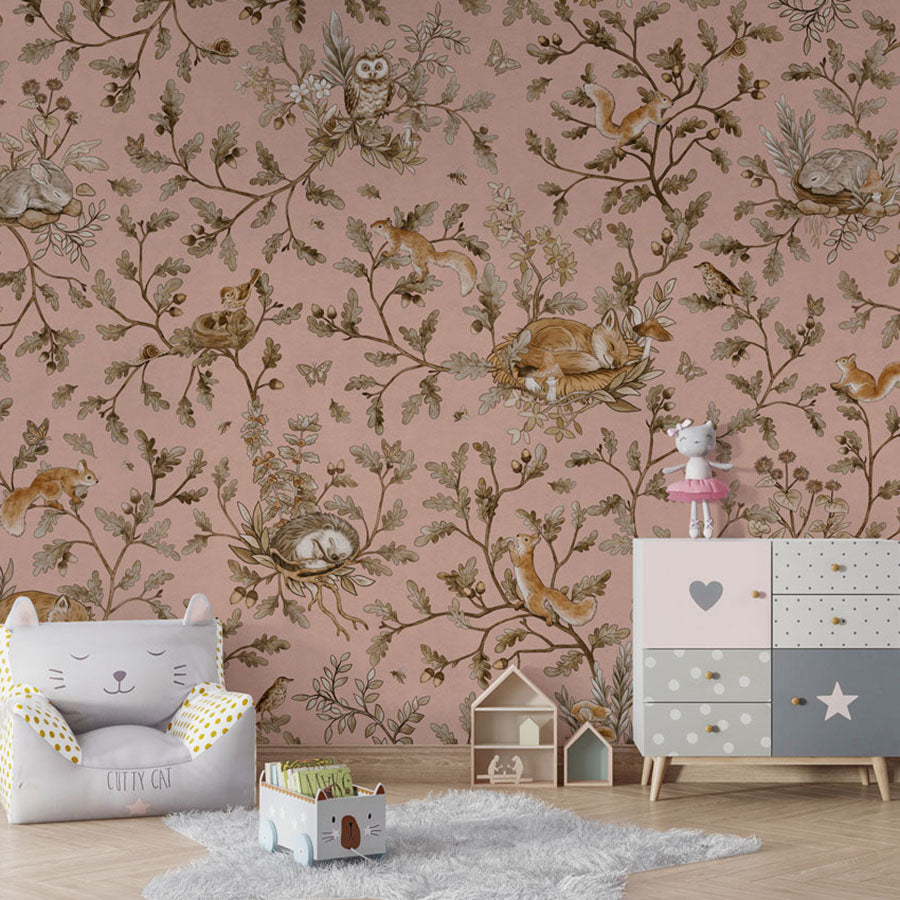 Playful Woods – Vintage Pink wallpaper mural in a armchair storage