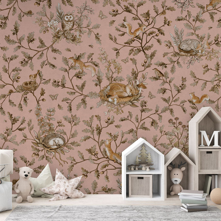 Playful Woods – Vintage Pink wallpaper mural in a house shaped storage