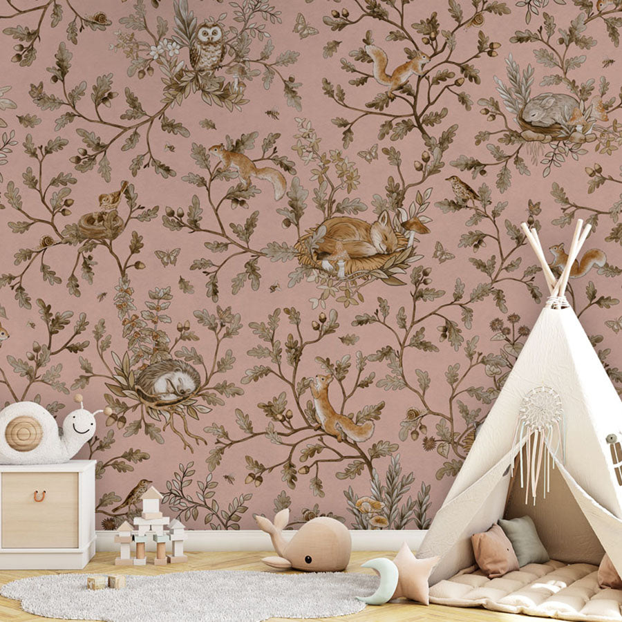 Playful Woods – Vintage Pink wallpaper mural in a teepee