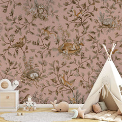 Playful Woods – Vintage Pink wallpaper mural in a teepee