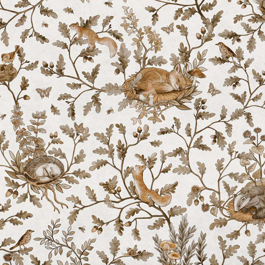 Close-up of the Playful Woods – Vintage White wallpaper mural