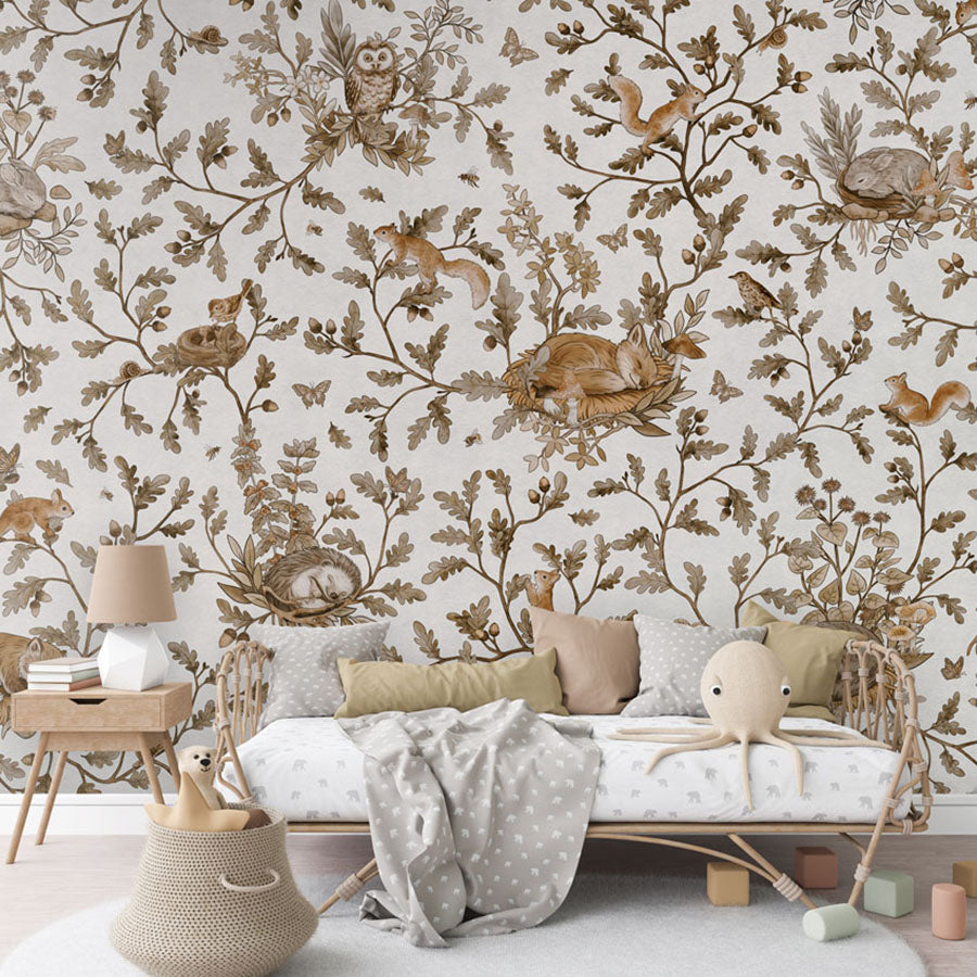Playful Woods – Vintage White wallpaper mural in a rattan daybed